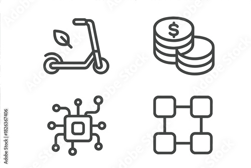 Modern business technology concepts including finance, eco transport, computing, and blockchain