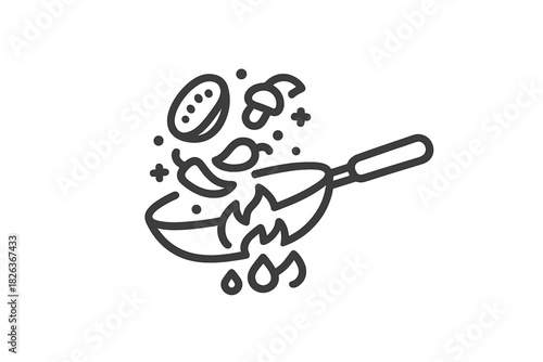 Cooking fresh vegetables and ingredients being stir-fried quickly in a hot pan with high flame