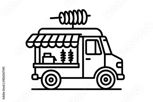 Black and white outline drawing of a mobile street food truck serving quick snacks