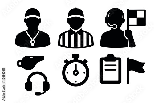 Silhouette icons of sports officials and equipment: whistle, stopwatch, flag, clipboard