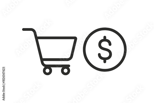 E-commerce shopping cart and dollar coin representing online purchase and finance