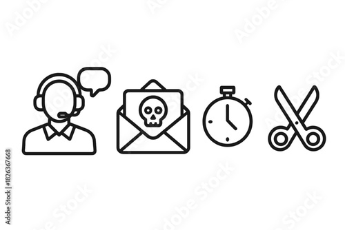 Essential line symbols for customer support, dangerous email, time management, and editing tools