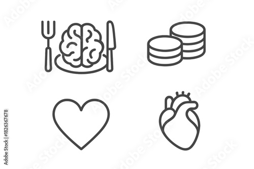 Brain food, financial savings, emotional love, and anatomical heart symbols