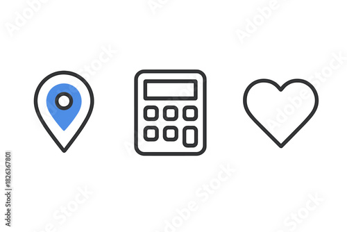 Essential application icons: location pin, calculator, and heart symbols for interface design