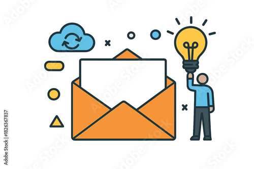 Person with bright idea next to digital envelope and cloud storage icon for communication concept
