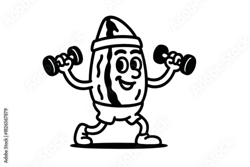 Cheerful cartoon nut character mascot exercising with dumbbells retro style