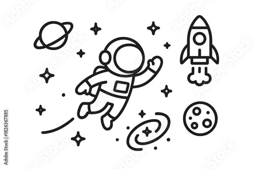 Black and white outline of an astronaut, rocket, planets, and galaxy symbols