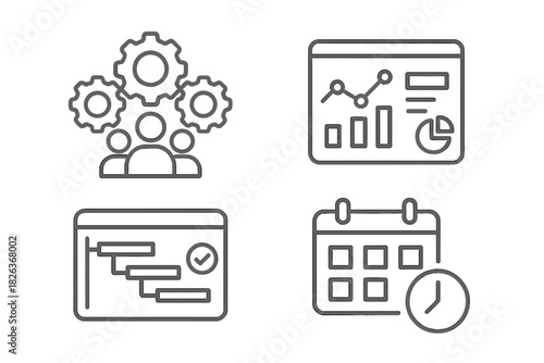 Business management concepts: teamwork, data analysis, project schedule, and time calendar