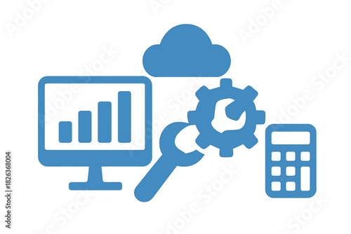 Cloud computing data analysis system maintenance and financial calculation services symbols