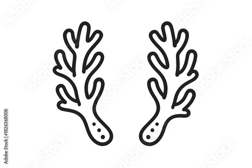 Simple black outline of two stylized marine plants or coral branches for minimalist decoration