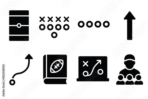 Football strategy icons: silhouette playbook and tactical analysis