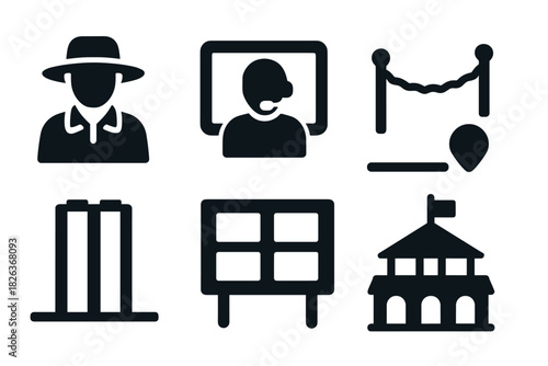 Black silhouette icons: tourism, communication, education, and sports elements