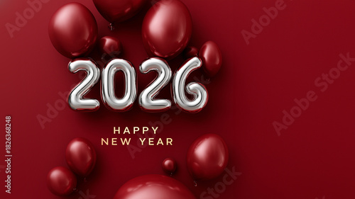 Festliche Neujahrs-Szene mit metallischen 2026-Zahlen und roten Luftballons auf rotem Hintergrund