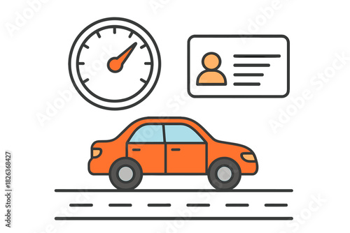 Speedometer, driver's license, and moving car representing safe driving elements