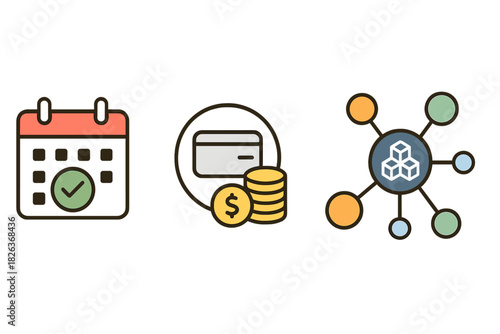 Business symbols for scheduling, financial transactions, and decentralized network technology