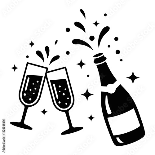 Champagne bottle popping with festive bubbles and two elegant glasses clinking in a cheerful toast, symbolizing celebration, success, and happy moments.