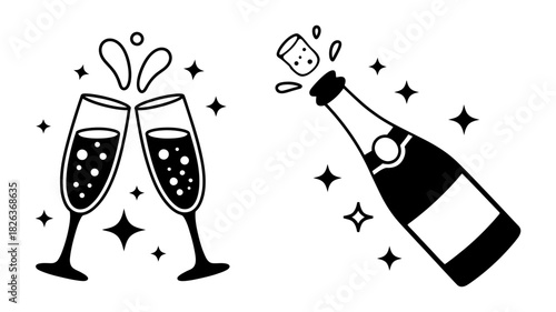 Celebratory champagne toast with clinking flutes and sparkling bottle pop, minimalist black and white icon set for events and new year celebrations