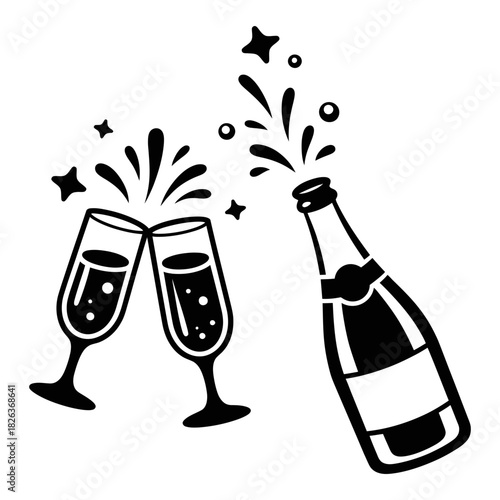 Celebratory champagne bottle popping with sparkling wine and two clinking glasses, symbolizing a joyous toast, party, success, and new year event.