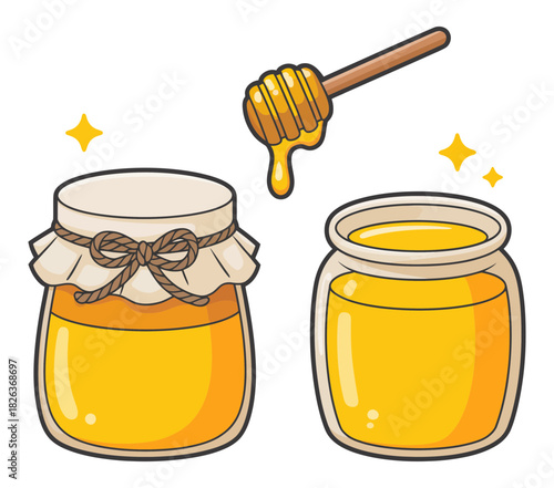 Sweet golden liquid honey in glass jars with a wooden dipper, representing natural goodness, healthy food, and delicious organic products