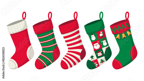 Five festive christmas stockings, colorful illustrations of holiday decorations, traditional red and green socks for gifts and celebration
