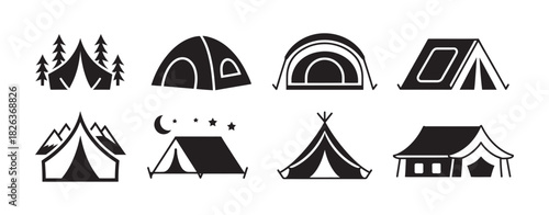 Collection of diverse camping tent icons and symbols for outdoor adventure, hiking, travel, and nature exploration, set on a clean white background.