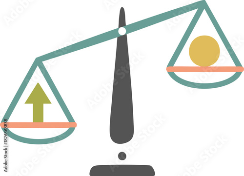 Minimal balance scale with uneven pans, one holding a circle and the other an upward arrow, symbolizing imbalance, decision making, and weighing options