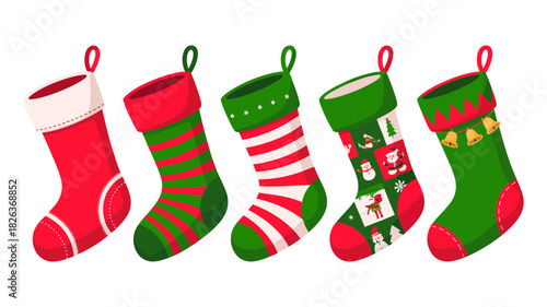 Five vibrant christmas stockings, displaying classic red and green colors with diverse festive patterns, perfect for holiday season decorations and gift anticipation.