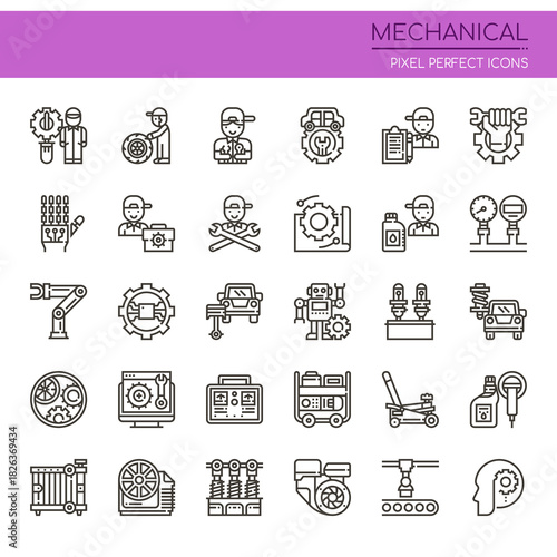 Mechanical Line Icons Set – Engineering, Automotive Service, Robot Arm, Tools and Machinery Vector