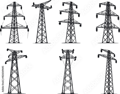Electricity transmission tower silhouettes, high-voltage pylons, structural diversity, power grid infrastructure, energy system, flavector