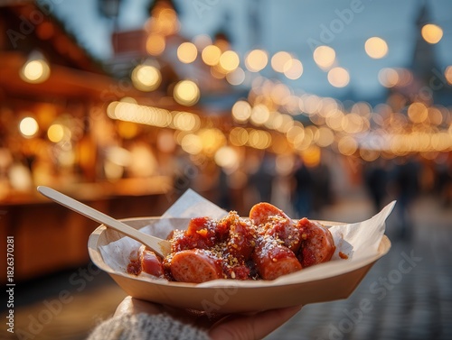 a hand holding a paper plate with sliced currywurst covered in ketchup and curry powder