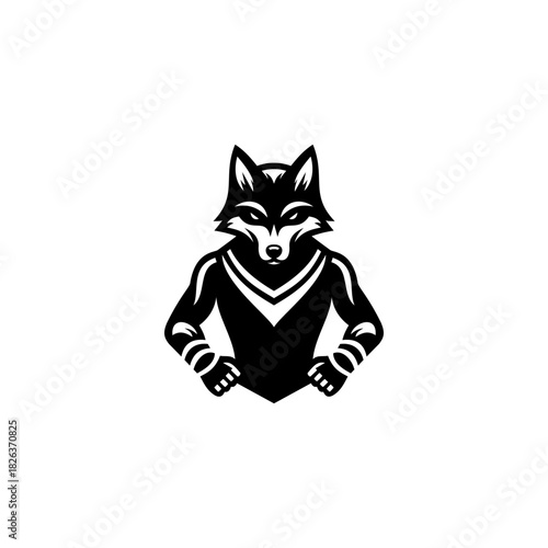 A bold stylized wolf mascot design featuring a fierce expression, muscular upper body
