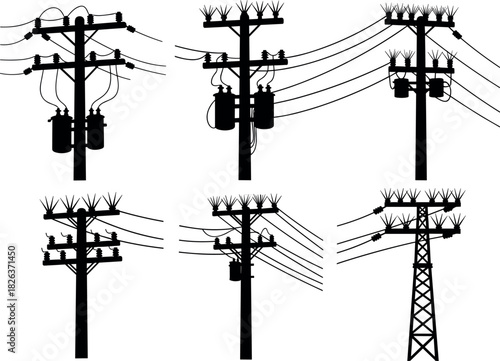 High-voltage transmission tower silhouettes, structural variation, power grid infrastructure, electricity pylons, flavector series
