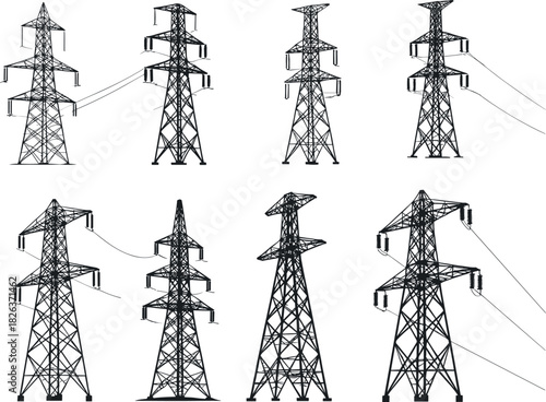 High-voltage transmission tower silhouettes, electricity pylons, power grid structures, voltage infrastructure, rural energy, flavector
