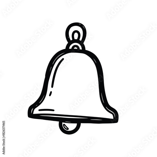 A black and white doodle illustration of a bell with a clapper and a loop for hanging.