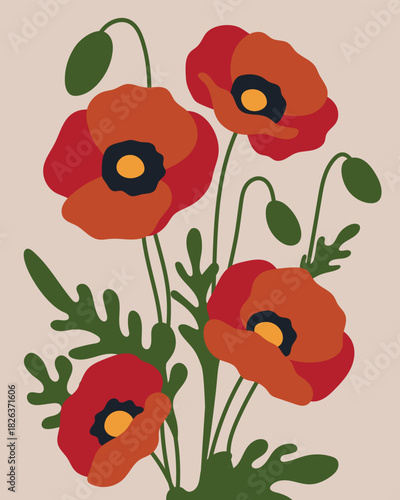 Bright Red Poppies Vector Illustration with Green Leaves. The stylized design highlights the vibrant flowers, emphasizing their natural elegance and charm.