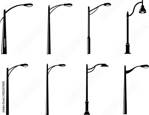 Street lamp post silhouettes with modern and traditional designs, urban lighting infrastructure diversity, flavector series