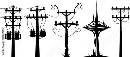 Stylized utility pole silhouettes with transformers, abstract and whimsical electrical infrastructure, flavector creative series