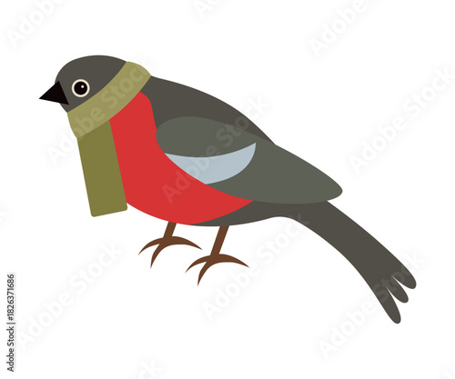 Charming Bird Wearing Scarf Vector Illustration. Colorful vector illustration of a small bird with a red chest and an olive scarf.