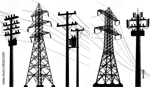 Utility and transmission tower silhouettes with telecom antenna, electrical infrastructure diversity, flavector comparison set