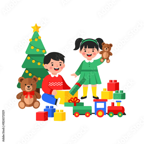 Two happy children opening Christmas presents with a decorated tree and toys.