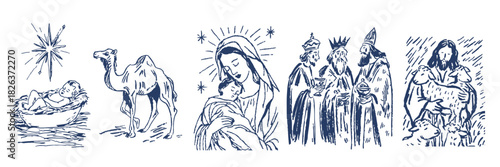 Traditional sketch illustrations of the christian nativity story and religious figures
