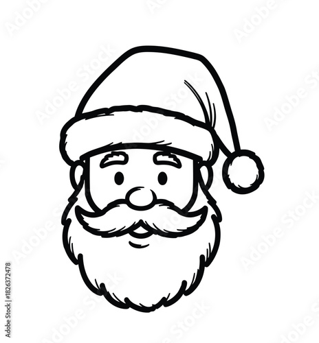 A charming, hand-drawn illustration of Santa Claus's face in a classic black and white outline style.
