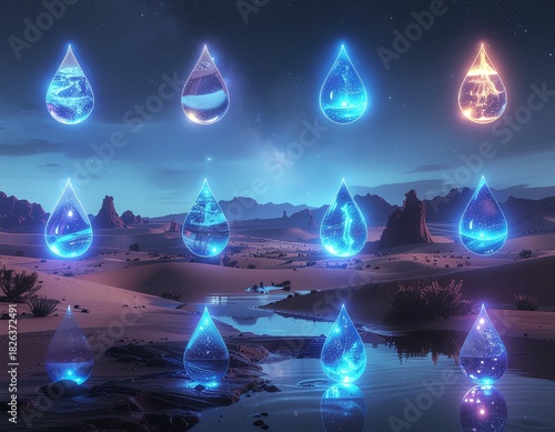 Mystical Water Drop Orbs: Mesmerizing display of luminous water drop orbs, each capturing unique elements and illuminated in a surreal desert landscape, evoking a sense of wonder and fantasy.