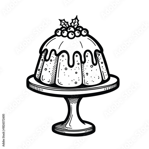 A hand-drawn black and white illustration of a festive Christmas pudding adorned with holly and berries, presented on a cake stand.