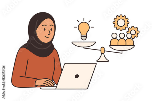 Muslim woman balancing innovation and teamwork resources on a scale while working on a laptop