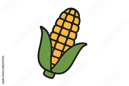 Simple ripe yellow corn cob partially covered by green husks isolated on a clean white background
