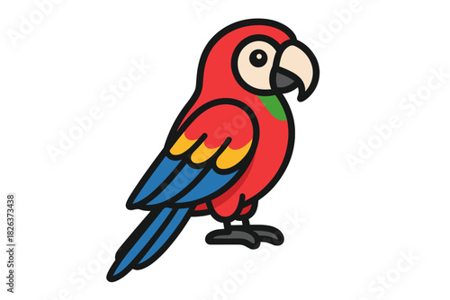 Brightly colored tropical parrot with red, blue, and yellow plumage standing isolated on white