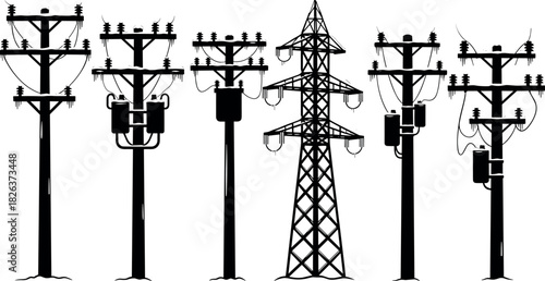 Utility pole and transmission tower silhouettes with transformers, electrical infrastructure diversity, flavector engineering set