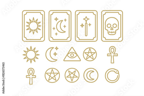 Gold occult symbols and mystical elements including tarot cards and celestial bodies
