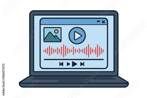 Laptop displaying a digital music player application interface with audio waveform and controls
